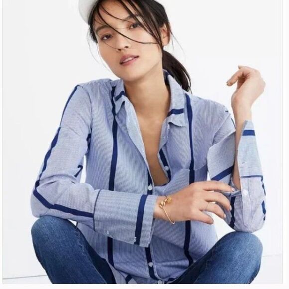 Madewell Oversized Striped Blue Button Down Tunic Long Sleeve Tunic Size Large - Picture 1 of 9